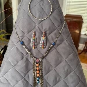 Boho Multicolor Beaded Tassel Necklace with Silver-tone Earrings and Bracelet